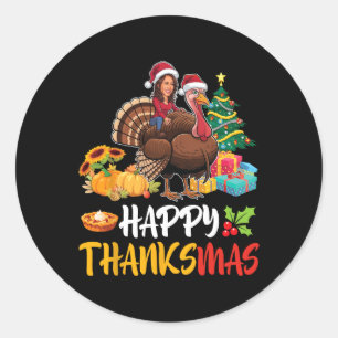 Pegatina Redonda Kamala Harris Santa Claus Riding Turkey Happy Than