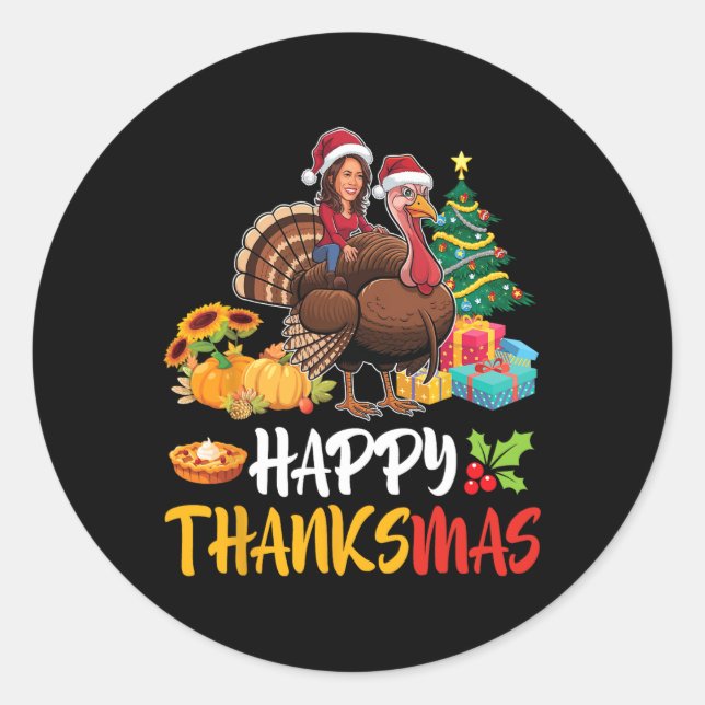 Pegatina Redonda Kamala Harris Santa Claus Riding Turkey Happy Than (Anverso)