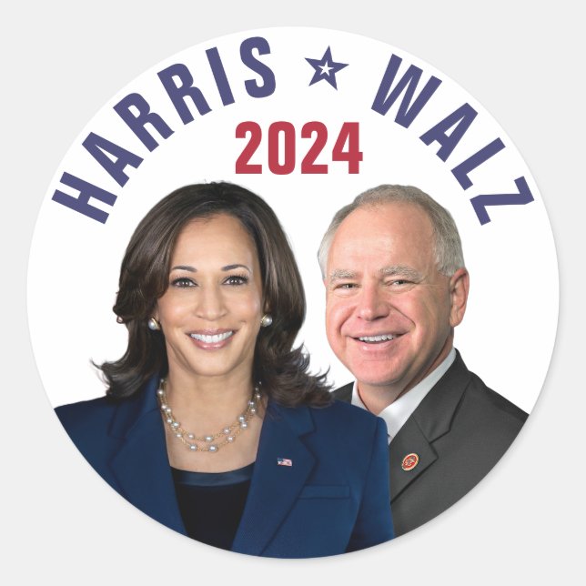 Pegatina Redonda Kamala Harris Tim Walz 2024 Vicefotos del presiden (Anverso)