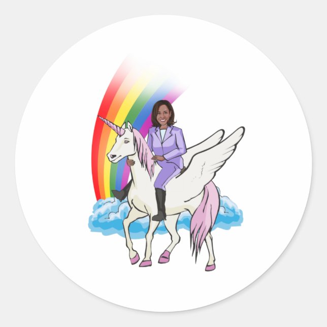 PEGATINA REDONDA KAMALA HARRIS UNICORN Y RAINBOW (Anverso)