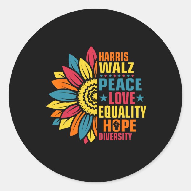 Pegatina Redonda Kamala Harris Waltz Peace Love E Hope Diversity (Anverso)