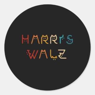 Pegatina Redonda Kamala Harris Walz Waltz 2024 Cat Lettering PoĂ