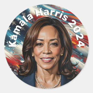 Pegatina Redonda Kamala Harris y la bandera estadounidense