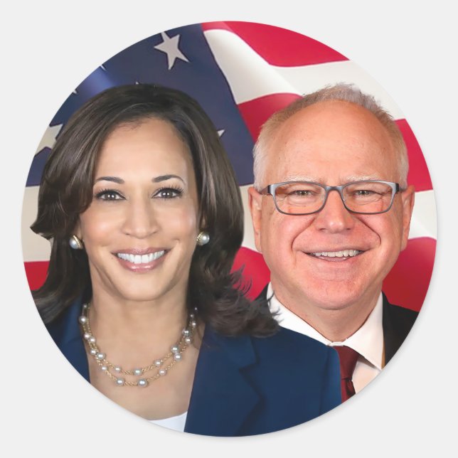 Pegatina Redonda Kamala Harris y Tim Walz (Anverso)