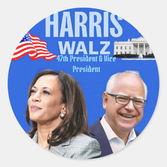 Pegatina Redonda Kamala Harris y Tim Walz-2024_ (Anverso)