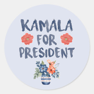 Pegatina Redonda Kamala por la presidenta Flores de acuarela