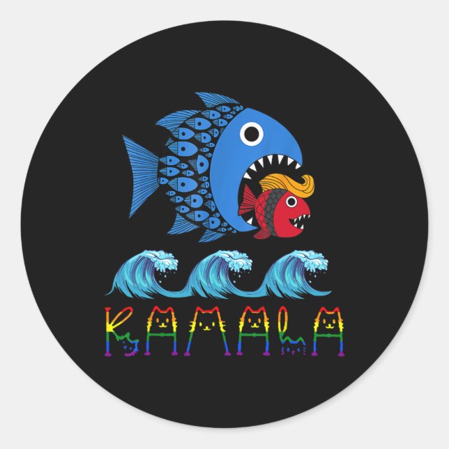 Pegatina Redonda Kamala por Trump Ola Azul Gran Pescado Coma Pequeñ (Anverso)