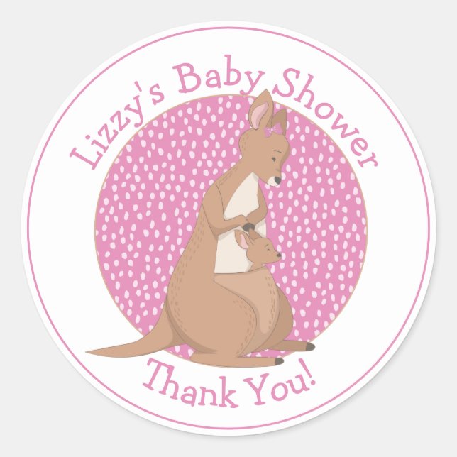 Pegatina Redonda Kangaroo Baby Girl Shower Pink Gracias (Anverso)