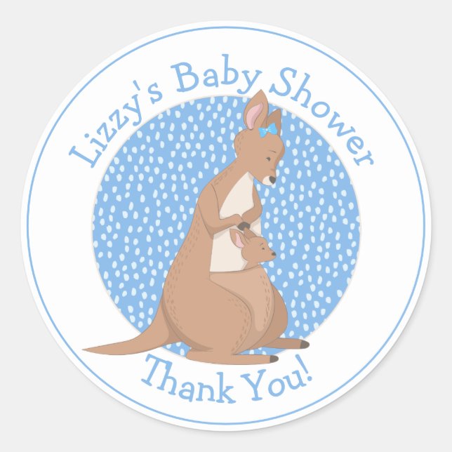 Pegatina Redonda Kangaroo Baby Shower Blue Gracias (Anverso)