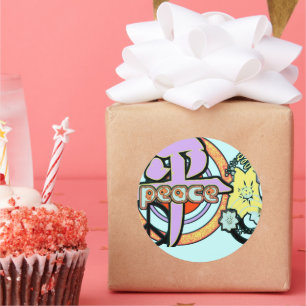 Pegatina Redonda Kanji por la Paz Flor Poder Hip Guay Groovy