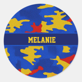 Pegatina Redonda Kansas Blue Red Yellow Vibrant Camo Pattern