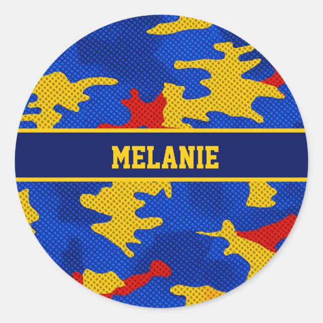 Pegatina Redonda Kansas Blue Red Yellow Vibrant Camo Pattern (Anverso)