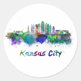 Pegatina Redonda Kansas City V2 skyline in watercolor