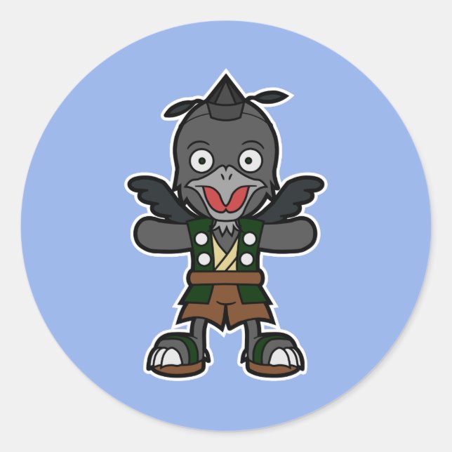 Pegatina Redonda Karasu-tengu, el guerrero del cuervo japonés (Anverso)