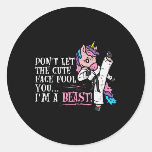 Pegatina Redonda Karate Unicornio Bestia Cute Face Taekwondo Martia