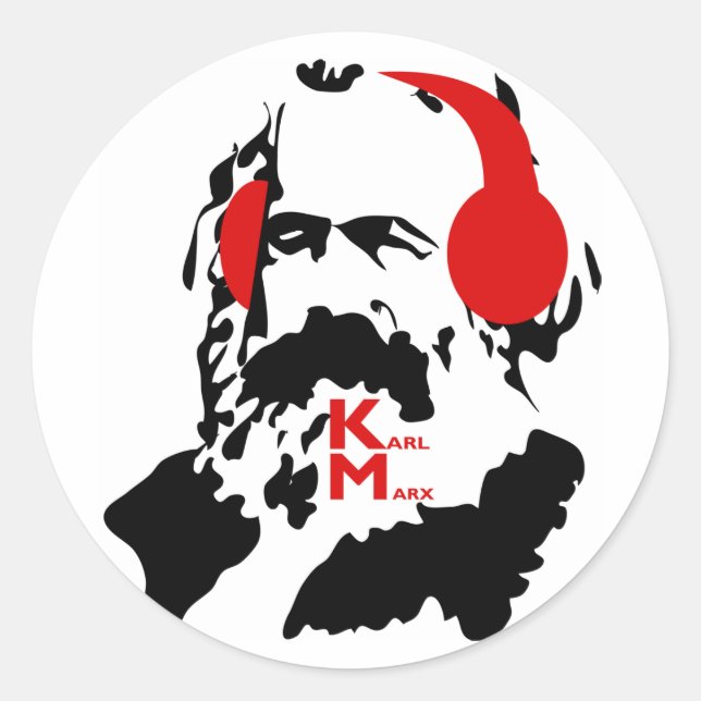 PEGATINA REDONDA KARL MARX CON TELÉFONOS DE CABEZA (Anverso)