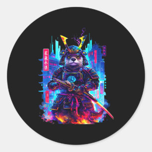 Pegatina Redonda Katana de nutria ciberpunk neon samurái arte japon