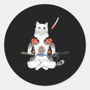 Pegatina Redonda Katana Ninja Yakuza Tattoo, un gato japonés samura