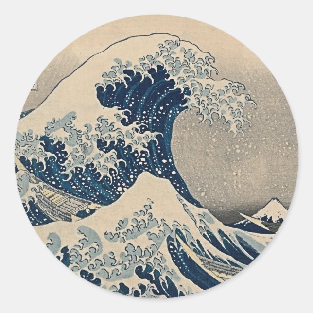 Pegatina Redonda Katsushika Hokusai. La gran ola de Kanagawa (Anverso)