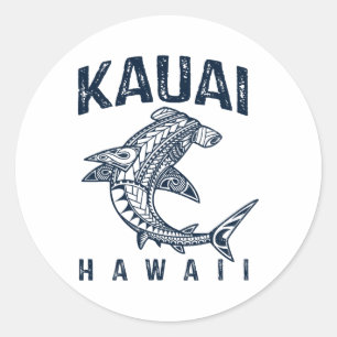 Pegatina Redonda Kauai Hawaii Tril Tiburón Polinesio Hawaiano Playa