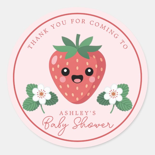 Pegatina Redonda Kawai Strawberry Baby Shower Thank You (Anverso)