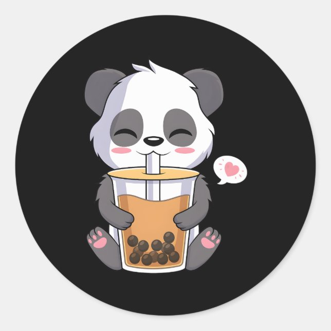 Pegatina Redonda Kawaii Anime Panda Bebiendo té de burbuja Boba (Anverso)
