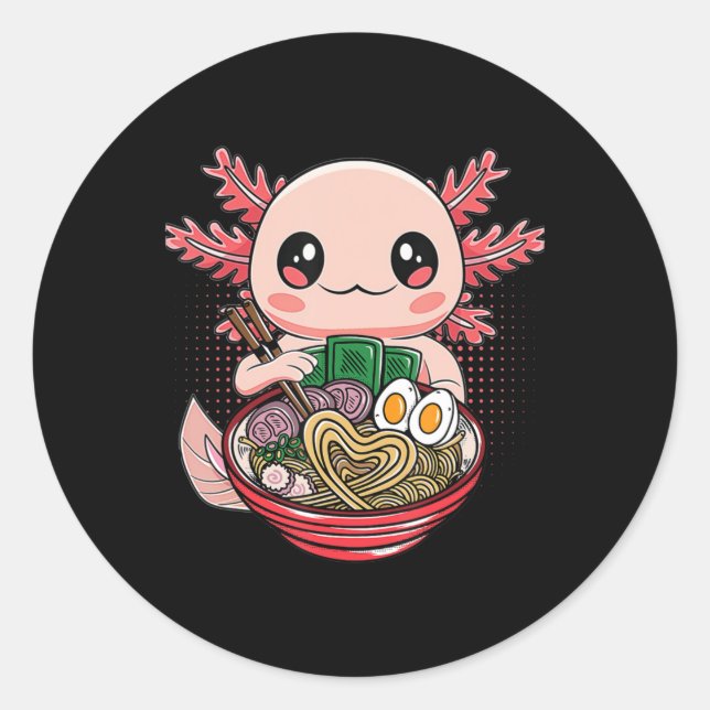 Pegatina Redonda Kawaii Axolotl Comer fideos de Ramen Regalo de Ani (Anverso)