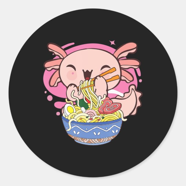 Pegatina Redonda Kawaii Axolotl Ramen Japanese Anime Noodle Kids Te (Anverso)