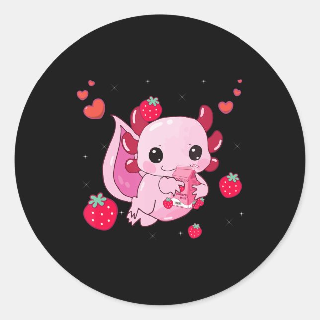 Pegatina Redonda Kawaii Axolotl Strawberry Milk Shake Anime Gift Gi (Anverso)