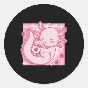 Pegatina Redonda Kawaii Axolotl Strawberry Milk Shake Carton Japane