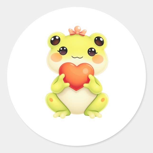 Pegatina Redonda Kawaii Baby Frog Holding a Heart (Anverso)