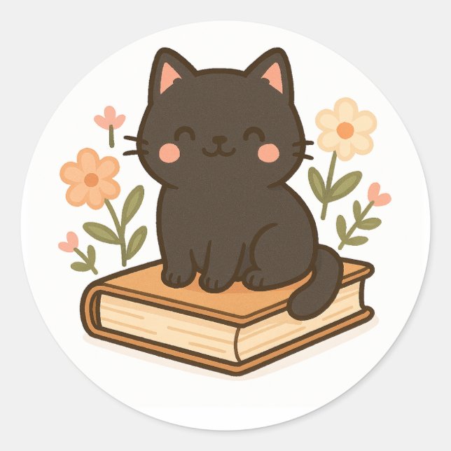 Pegatina Redonda Kawaii Black Cat on Book – Cozy Sticker (Anverso)