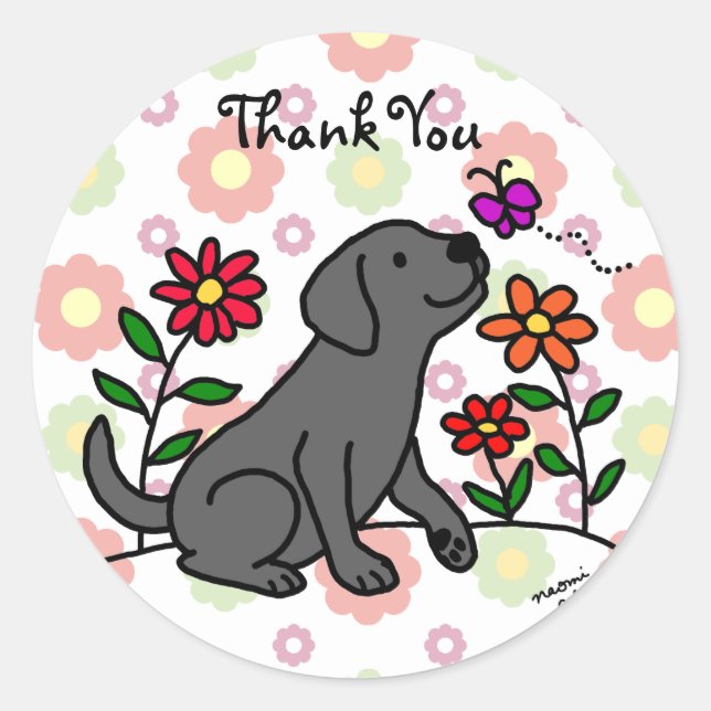 Pegatina Redonda Kawaii Black Labrador Personalizado Floral (Anverso)