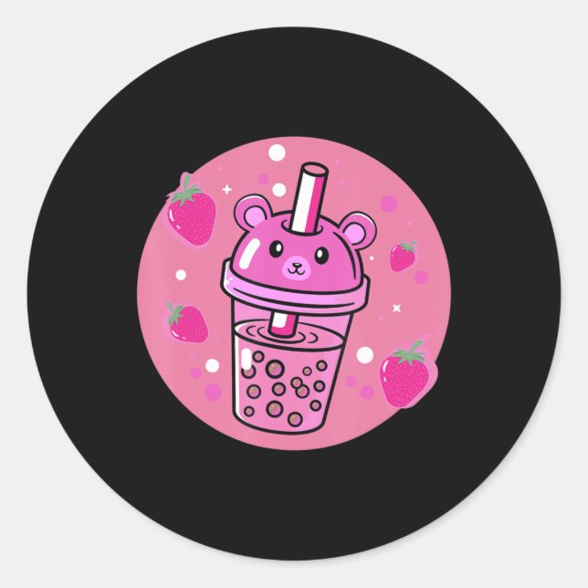 Pegatina Redonda Kawaii Boba Cup fresa anime burbuja té (Anverso)