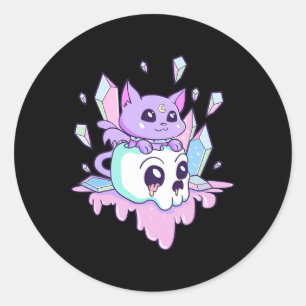 Pegatina Redonda Kawaii Brujería gato dulce Gótico pastel sartén de
