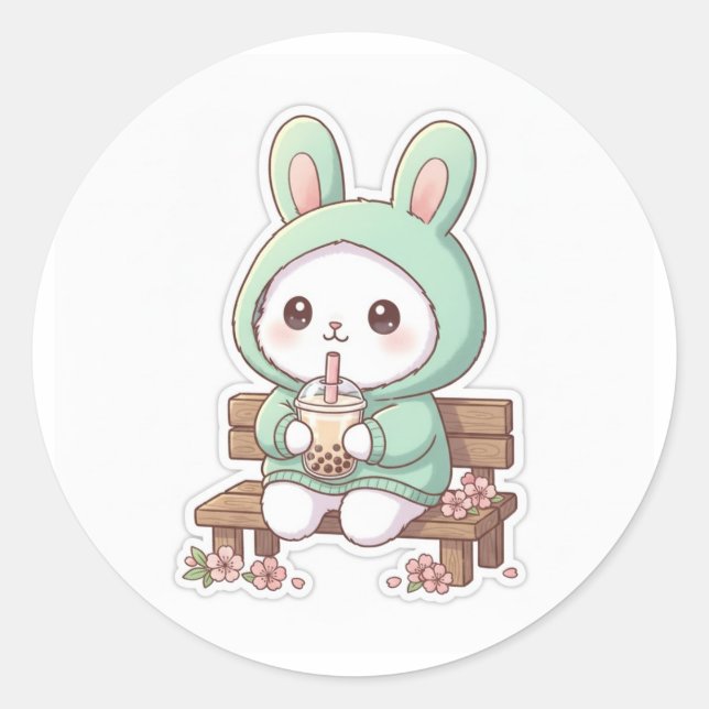 Pegatina Redonda Kawaii Bunny Bubble Tea Sticker (Anverso)