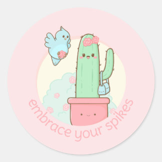 Pegatina Redonda Kawaii cactus abraza tu verdadero yo