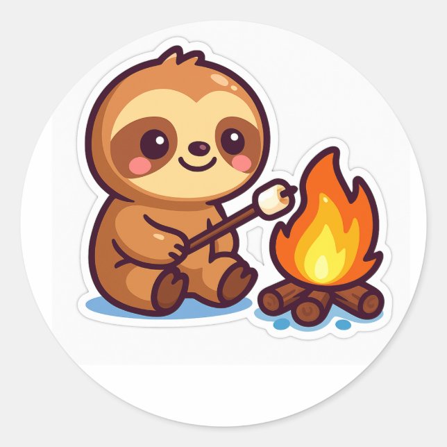 Pegatina Redonda Kawaii Campfire Sloth Sticker (Anverso)