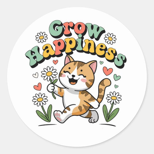 Pegatina Redonda Kawaii Cat Be Happy Summer Garden Motivation (Anverso)