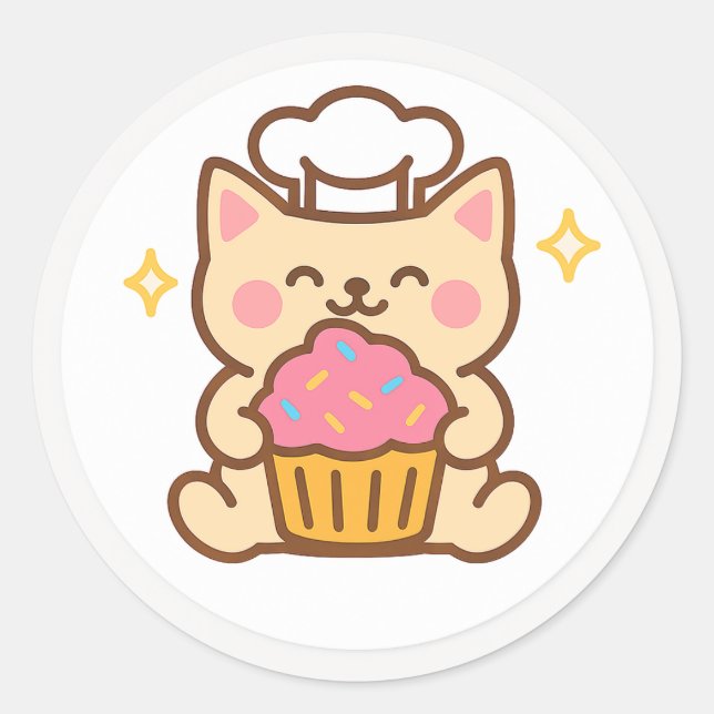 Pegatina Redonda Kawaii Cat Chef With Cupcake Sticker (Anverso)