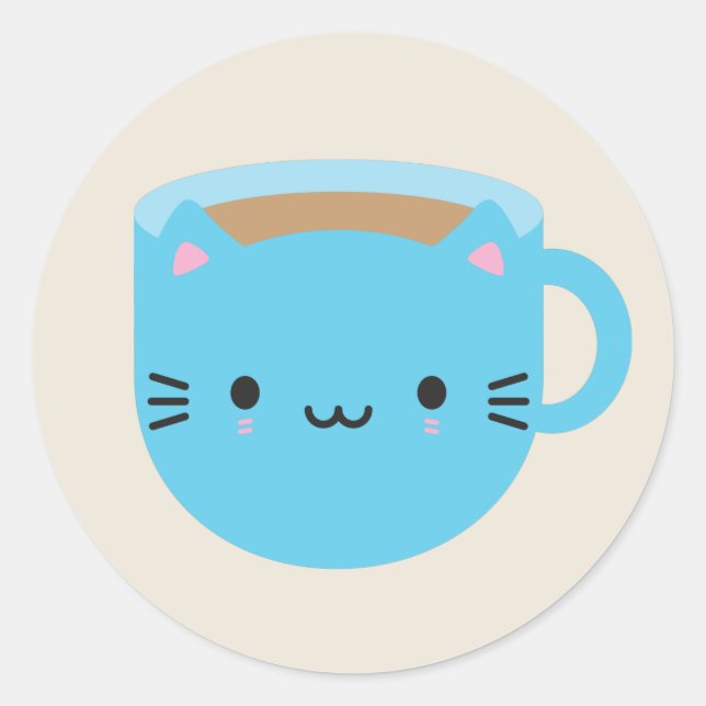 Pegatina Redonda Kawaii Cat Cup of Tea (Anverso)