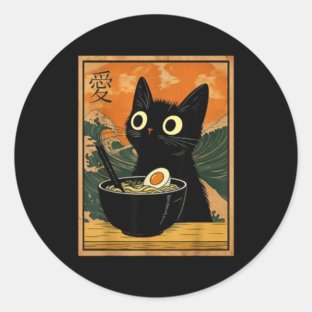 Pegatina Redonda Kawaii Cat Eating Ramen Noodles Funny Anime Gift G (Anverso)