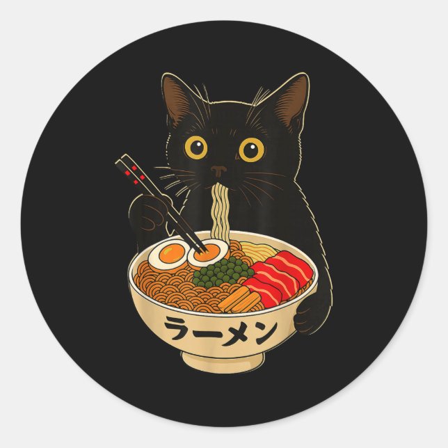 Pegatina Redonda Kawaii Cat Eating Ramen Noodles Funny Anime Gift G (Anverso)