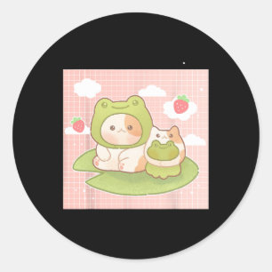 Pegatina Redonda Kawaii Cat Frog Strawberry Retro Cottagecore A