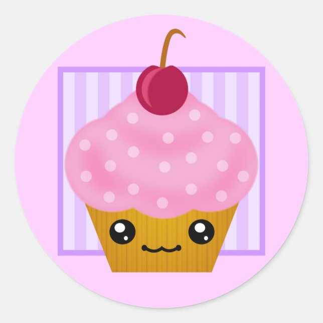 Pegatina Redonda Kawaii Cherry Cupcake (Anverso)