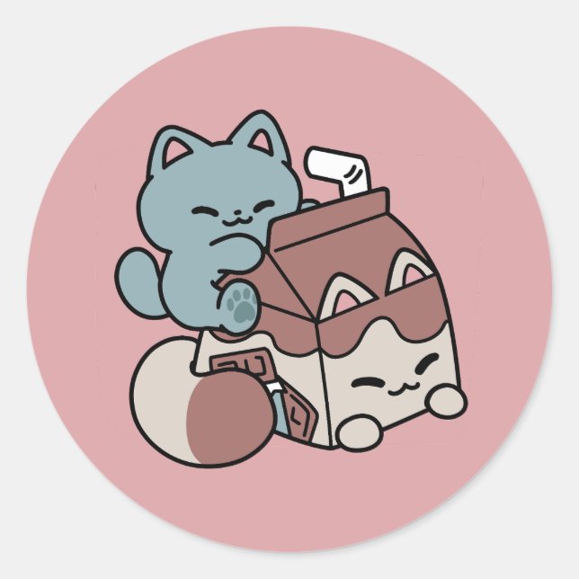 Pegatina Redonda Kawaii Chocolate Milk Cat – Cozy Drink & Cuteness  (Anverso)