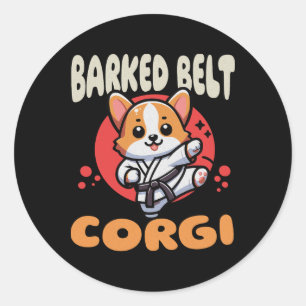 Pegatina Redonda Kawaii Cinturón Negro Corgi Perro Karate Cinturón