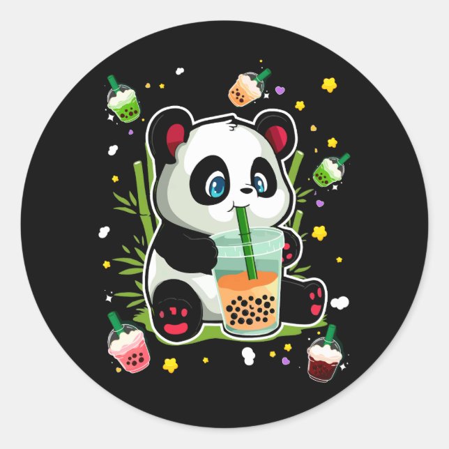 Pegatina Redonda Kawaii Cute Anime Panda Bebiendo Burbuja Boba Tea  (Anverso)