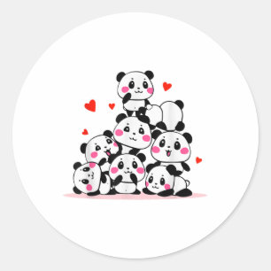 Pegatina Redonda Kawaii Cute Baby Panda Pile Con Valente De Corazón