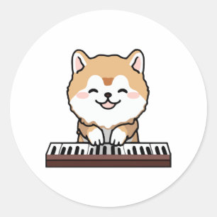 Pegatina Redonda Kawaii Cute Dog Jugando El Teclado Piano